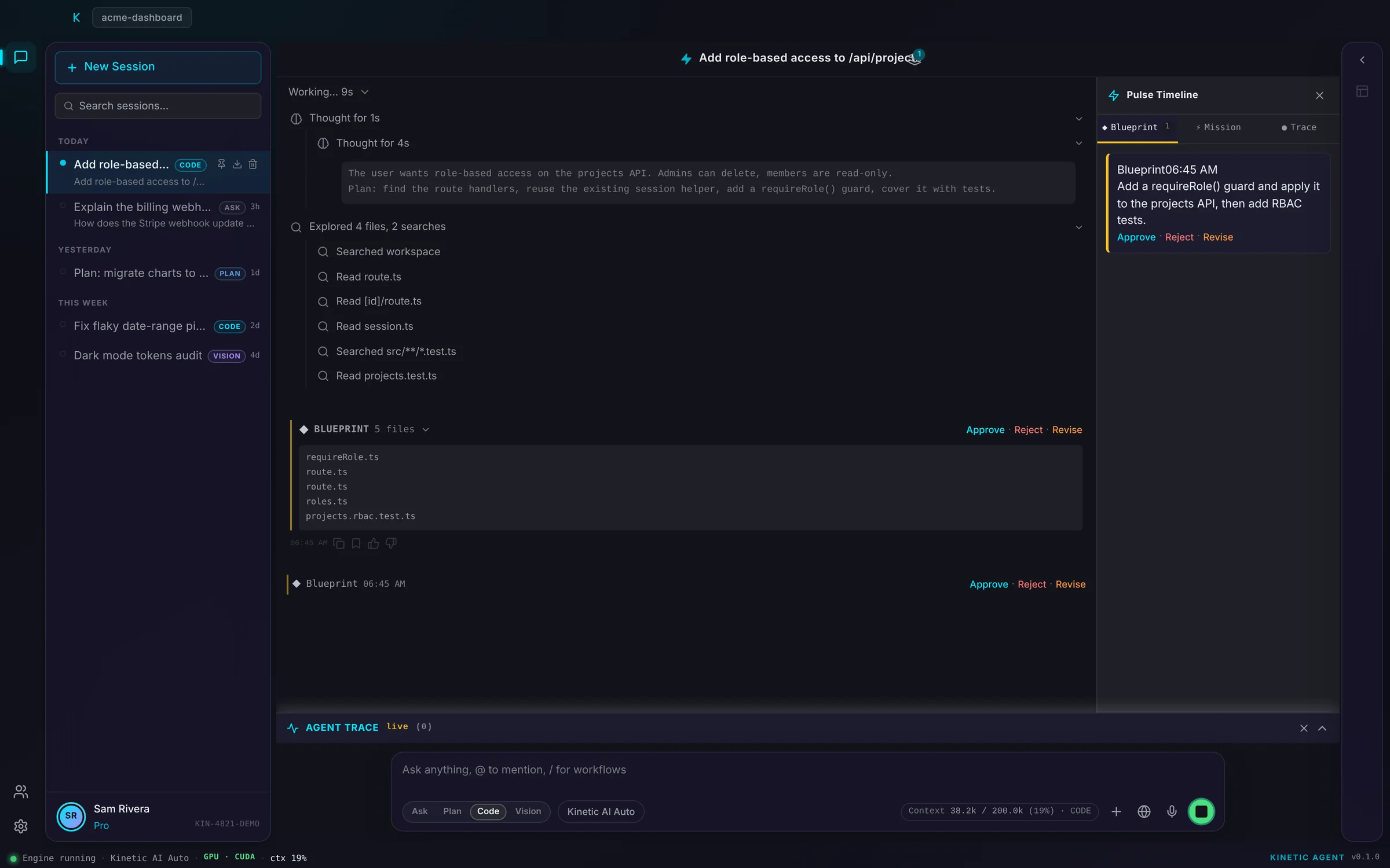 Kinetic AIDE proposing a five-file Blueprint awaiting approval, with the Pulse Timeline open