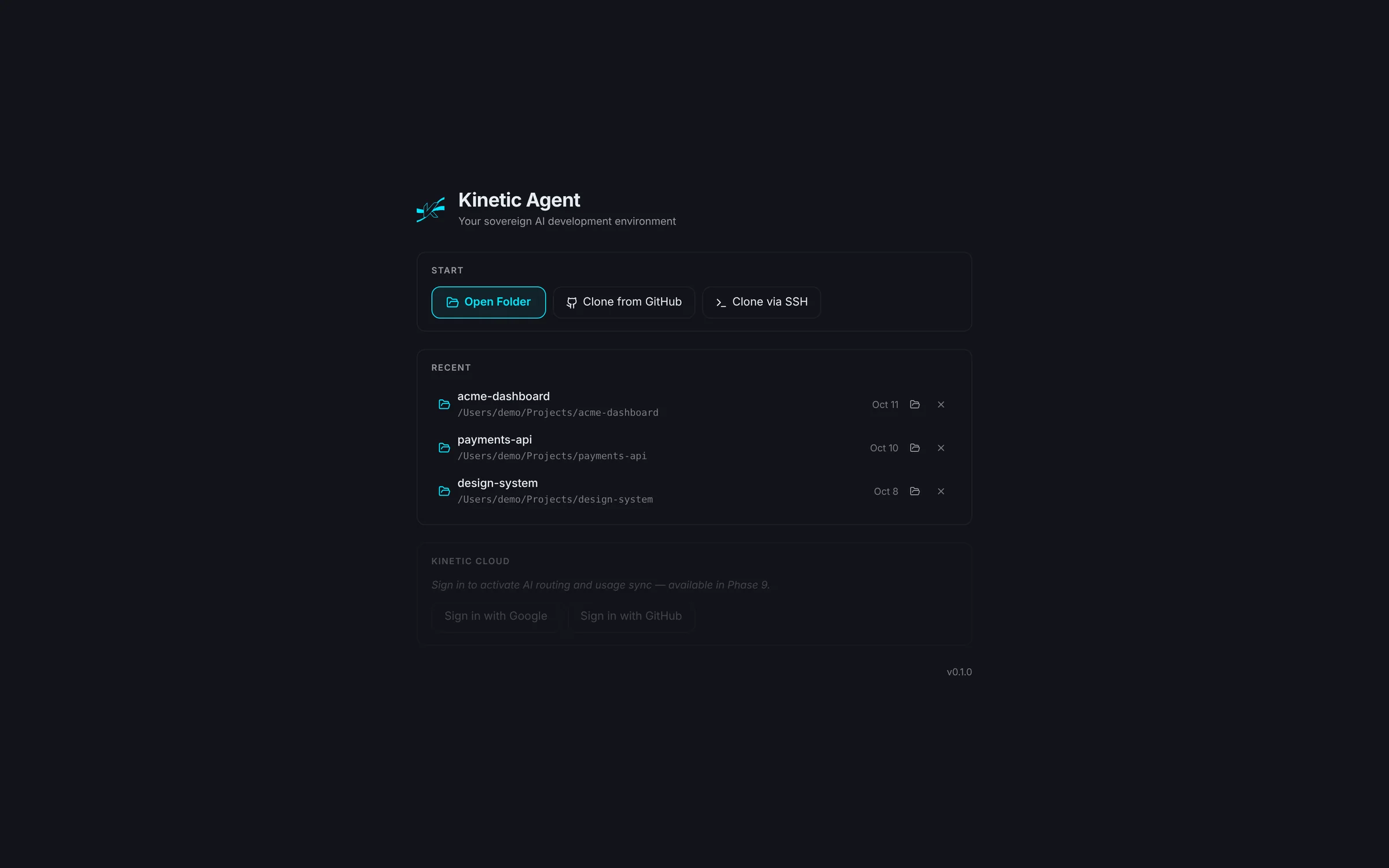 Kinetic AIDE welcome screen with open folder, clone and recent projects
