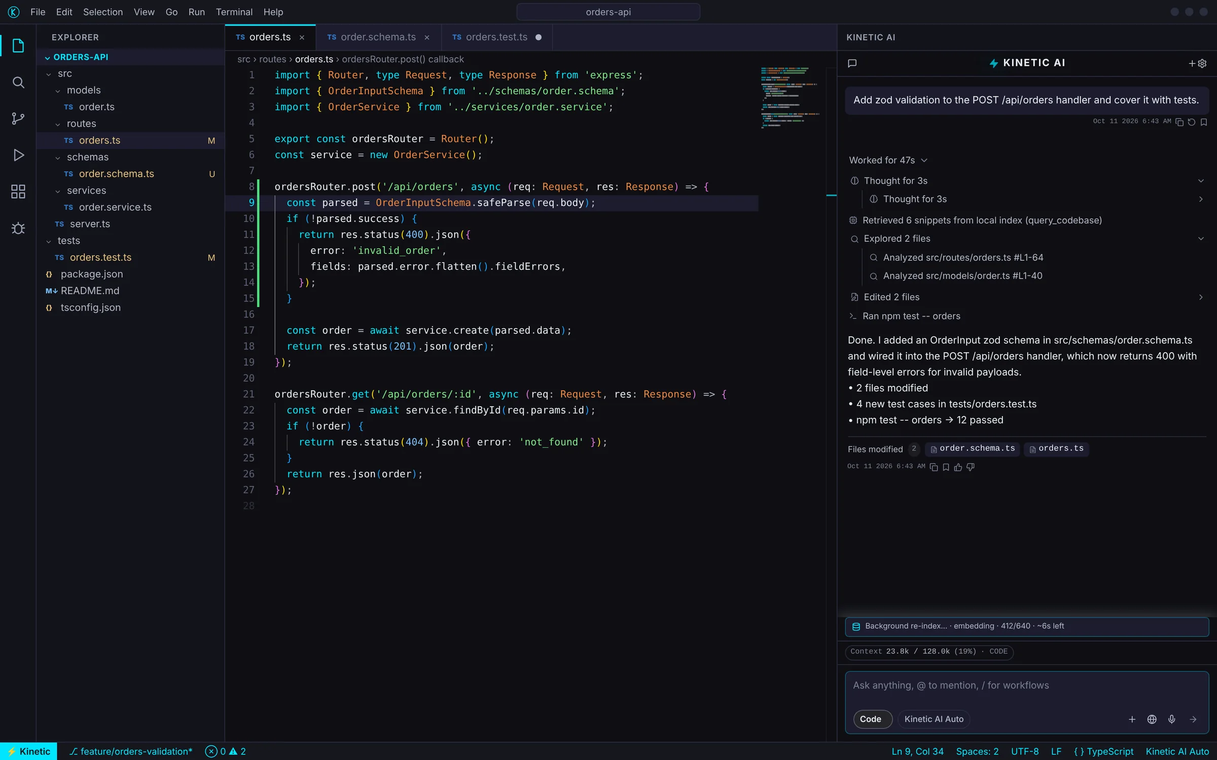 Kinetic IDE with an orders API open; the Kinetic AI panel shows a finished task — snippets retrieved from the local index, files edited and tests run